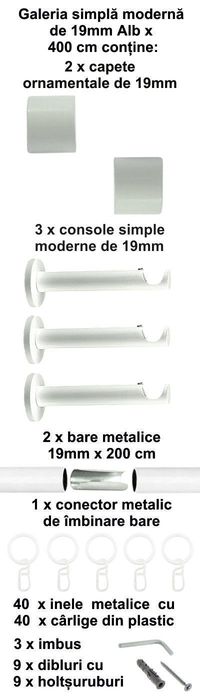 Galerie Metalică Luna, simplă, modernă, cu inele, 19mm, Alb