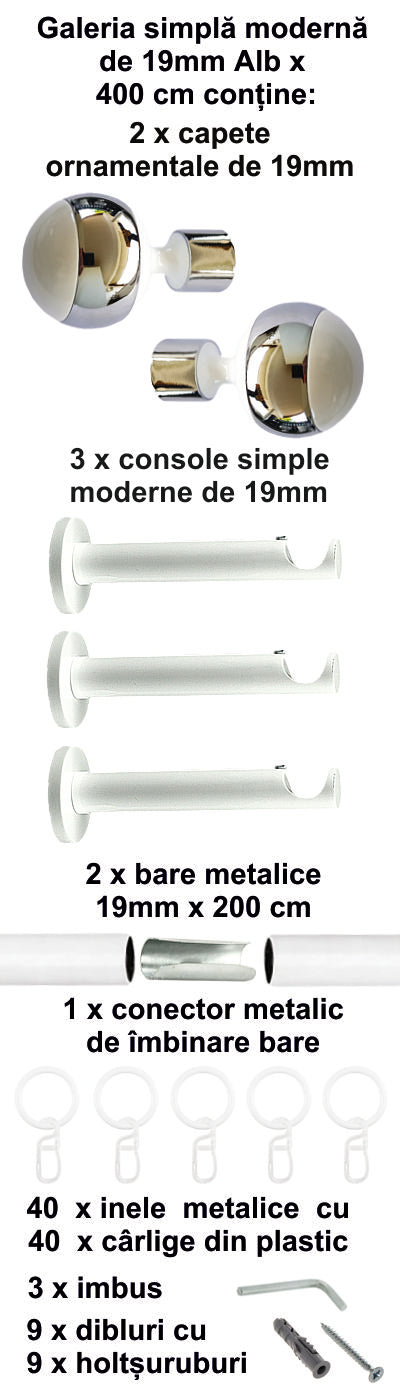 Galerie Metalică Mirror, simplă, modernă, cu inele, 19mm, Alb