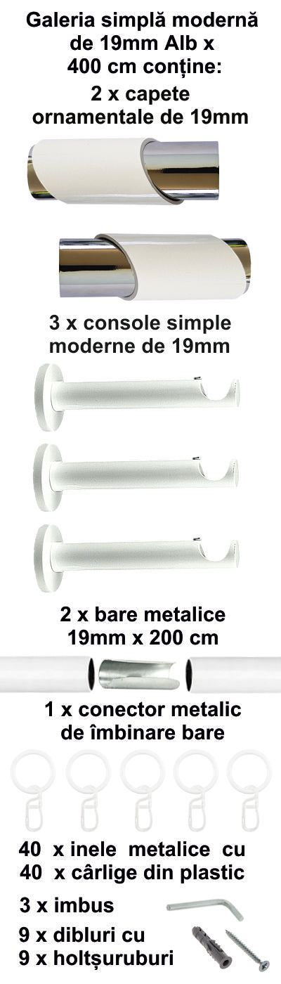 Galerie Metalică Paris, simplă, modernă, cu inele, 19mm, Alb