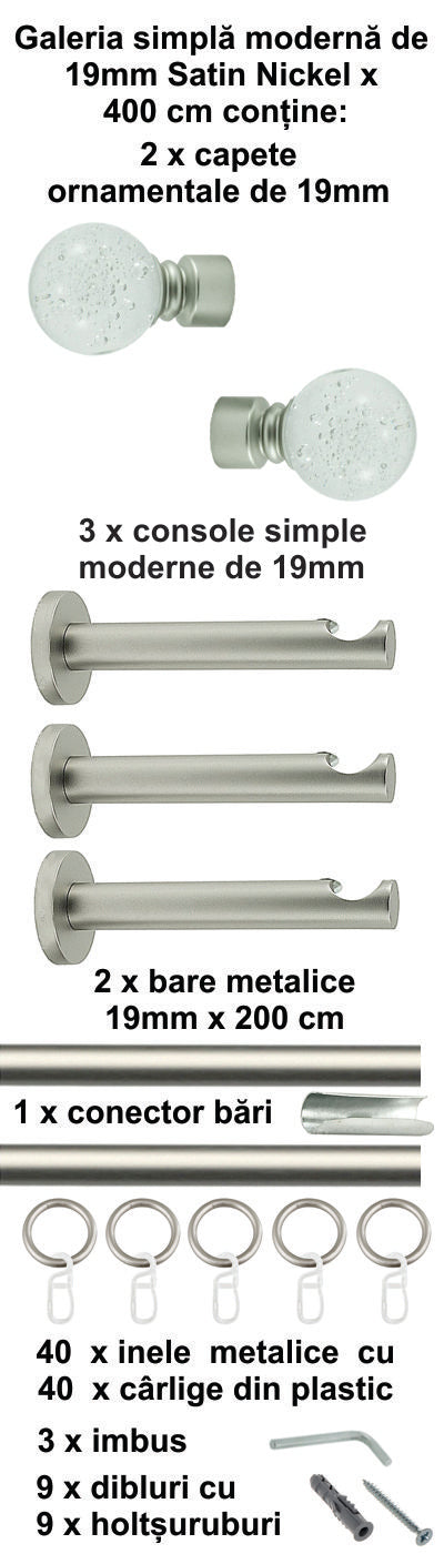 Galerie Metalică Buble, simplă, modernă, cu inele, 19mm, satin nichel (argintiu mat)