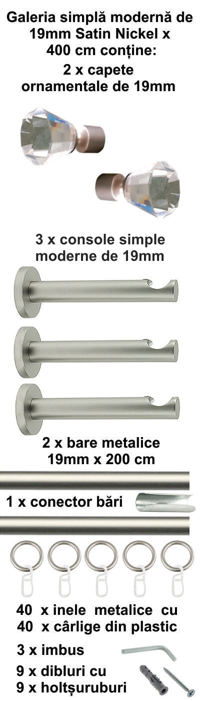 Galerie Metalică Cristal, simplă, modernă, cu inele, 19mm, satin nichel (argintiu mat)