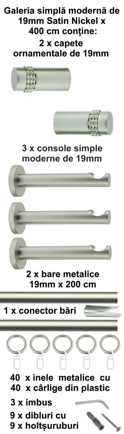 Galerie Metalică Dios, simplă, modernă, cu inele, 19mm, satin nichel (argintiu mat)