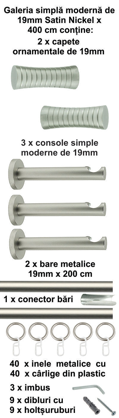 Galerie Metalică Febris, simplă, modernă, cu inele, 19mm, satin nichel (argintiu mat)