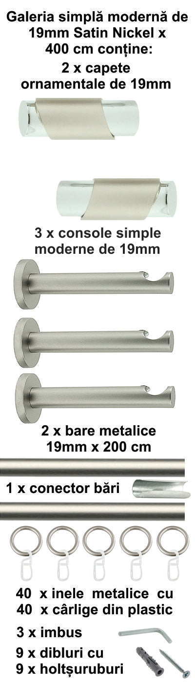 Galerie Metalică Paris, simplă, modernă, cu inele, 19mm, satin nichel (argintiu mat)