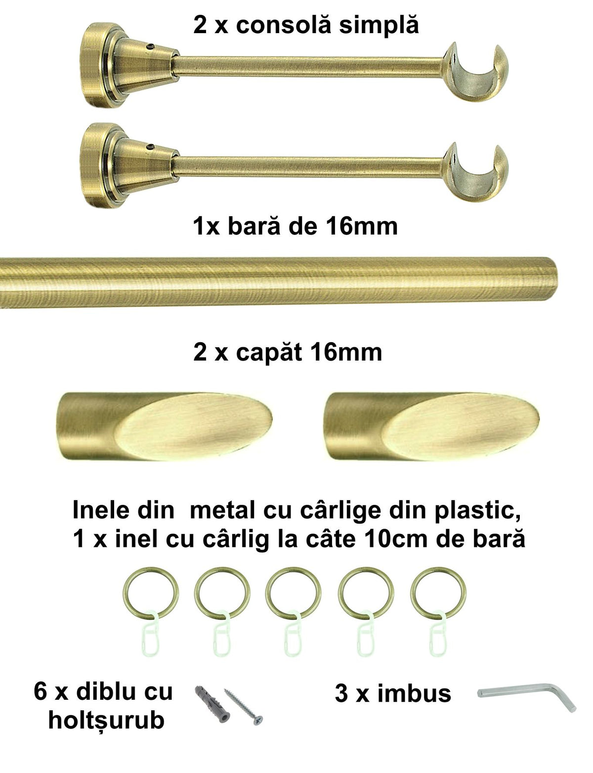 Galerie Metalică Alexia, simplă, clasică, cu inele, 16mm, antique brass (auriu antic)