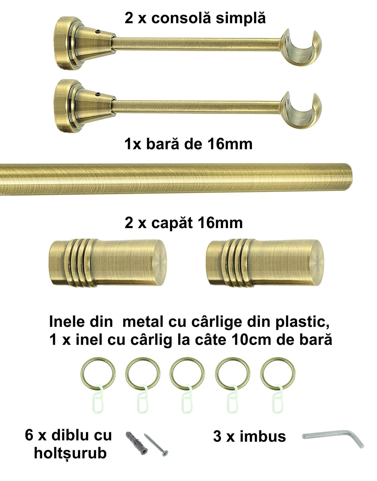 Galerie Metalică Celtex, simplă, clasică, cu inele, 16mm, antique brass (auriu antic)