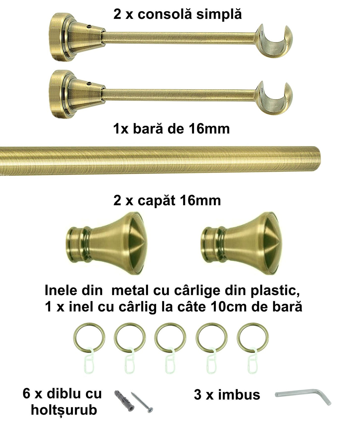 Galerie Metalică Conic, simplă, clasică, cu inele, 16mm, antique brass (auriu antic)