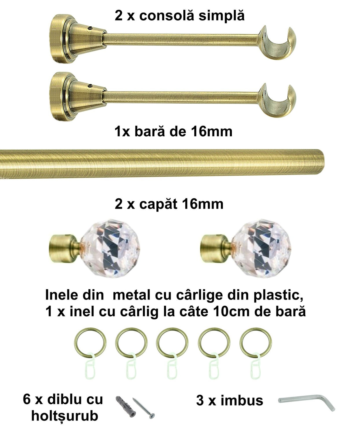 Galerie Metalică Cristal, simplă, clasică, cu inele, 16mm, antique brass (auriu antic)