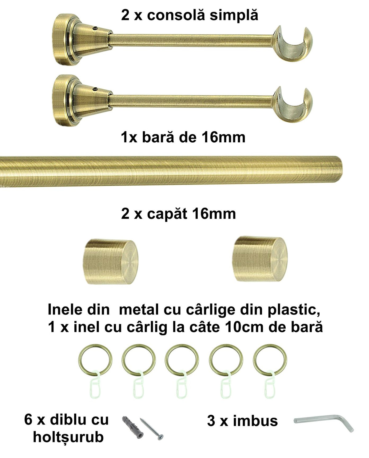 Galerie Metalică Luna, simplă, clasică, cu inele, 16mm, antique brass (auriu antic)
