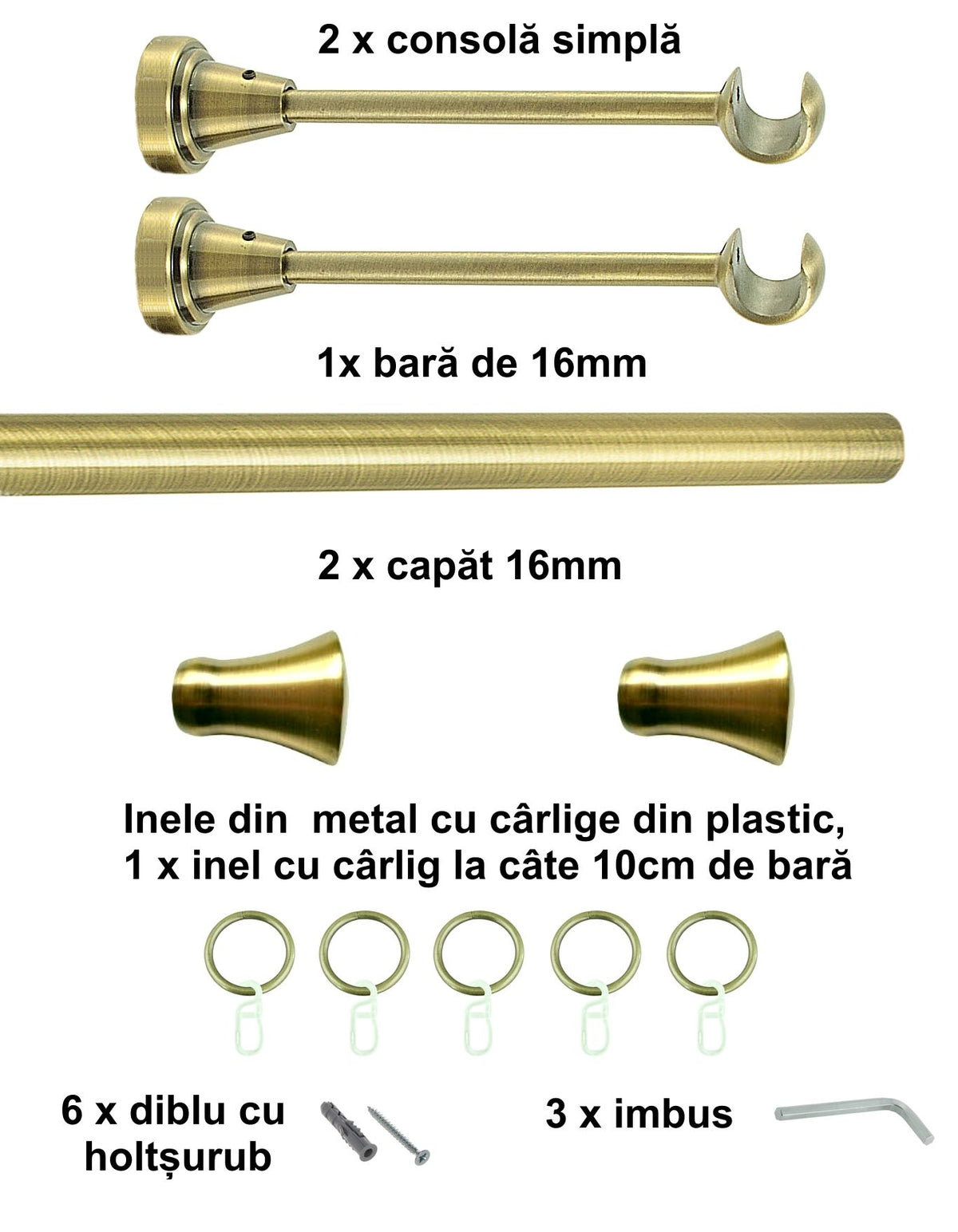 Galerie Metalică Monaco, simplă, clasică, cu inele, 16mm, antique brass (auriu antic)