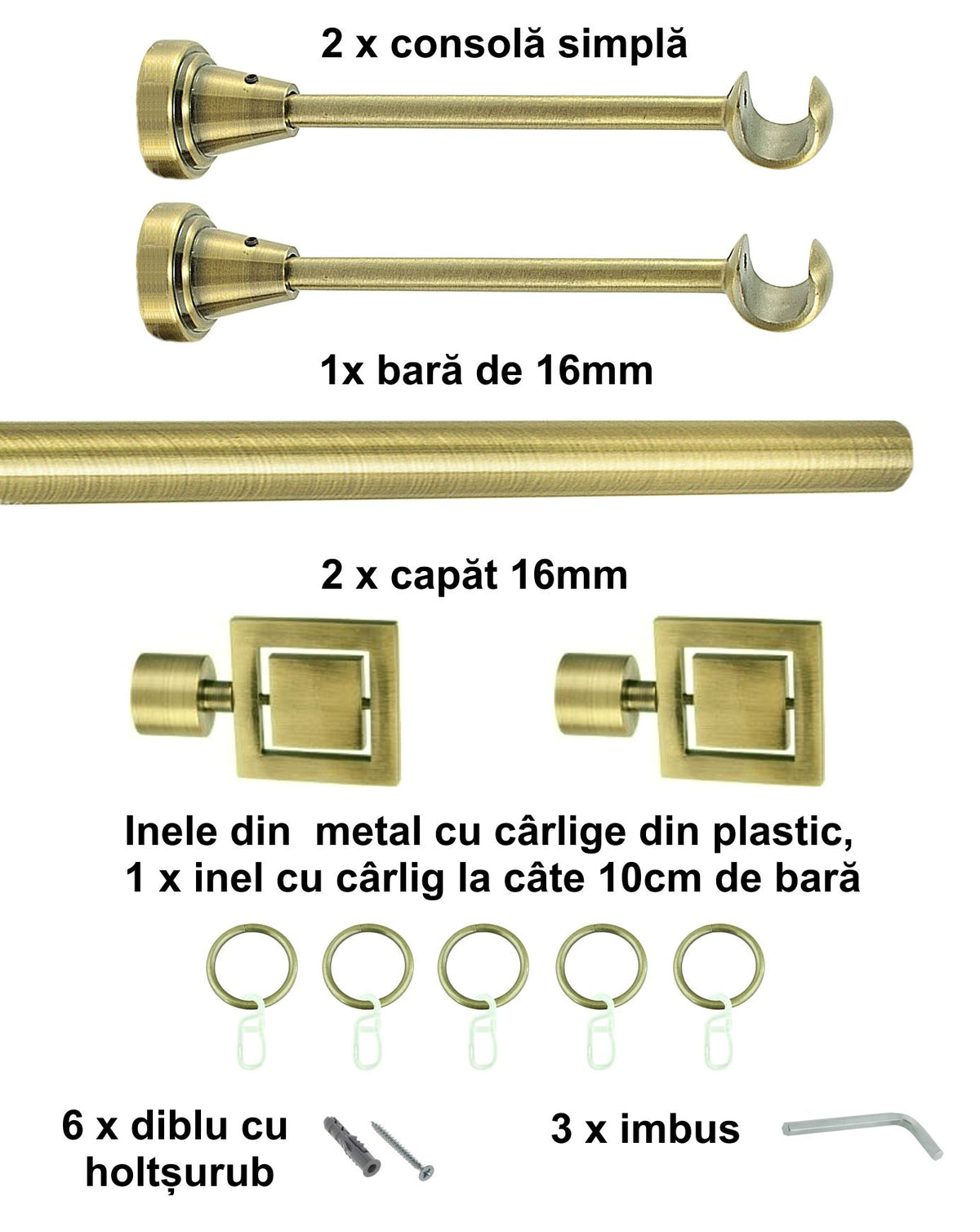 Galerie Metalică Saturn, simplă, clasică, cu inele, 16mm, antique brass (auriu antic)