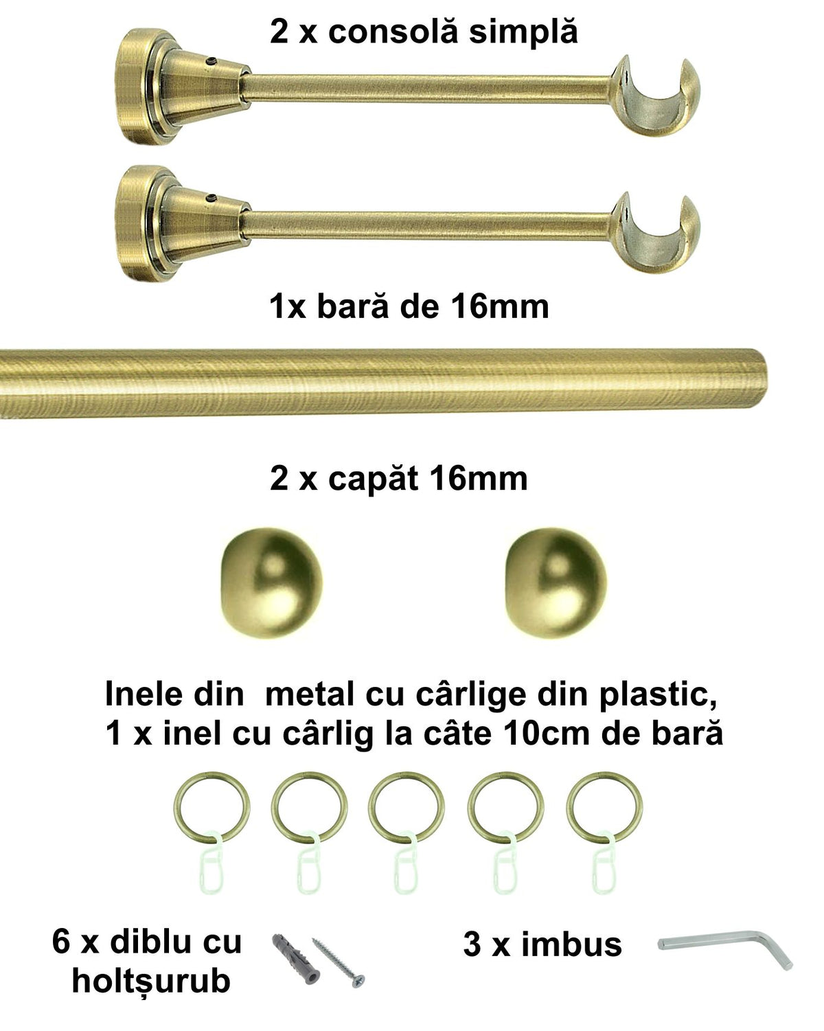Galerie Metalică Terra, simplă, clasică, cu inele, 16mm, antique brass (auriu antic)