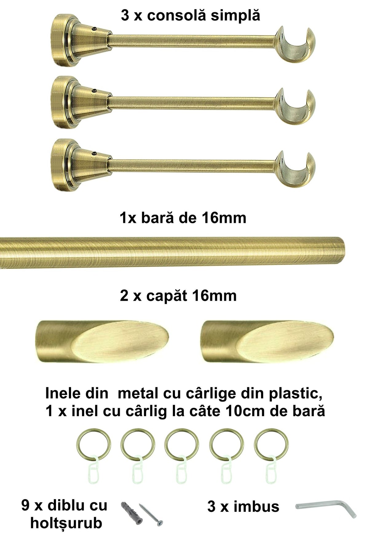 Galerie Metalică Alexia, simplă, clasică, cu inele, 16mm, antique brass (auriu antic)