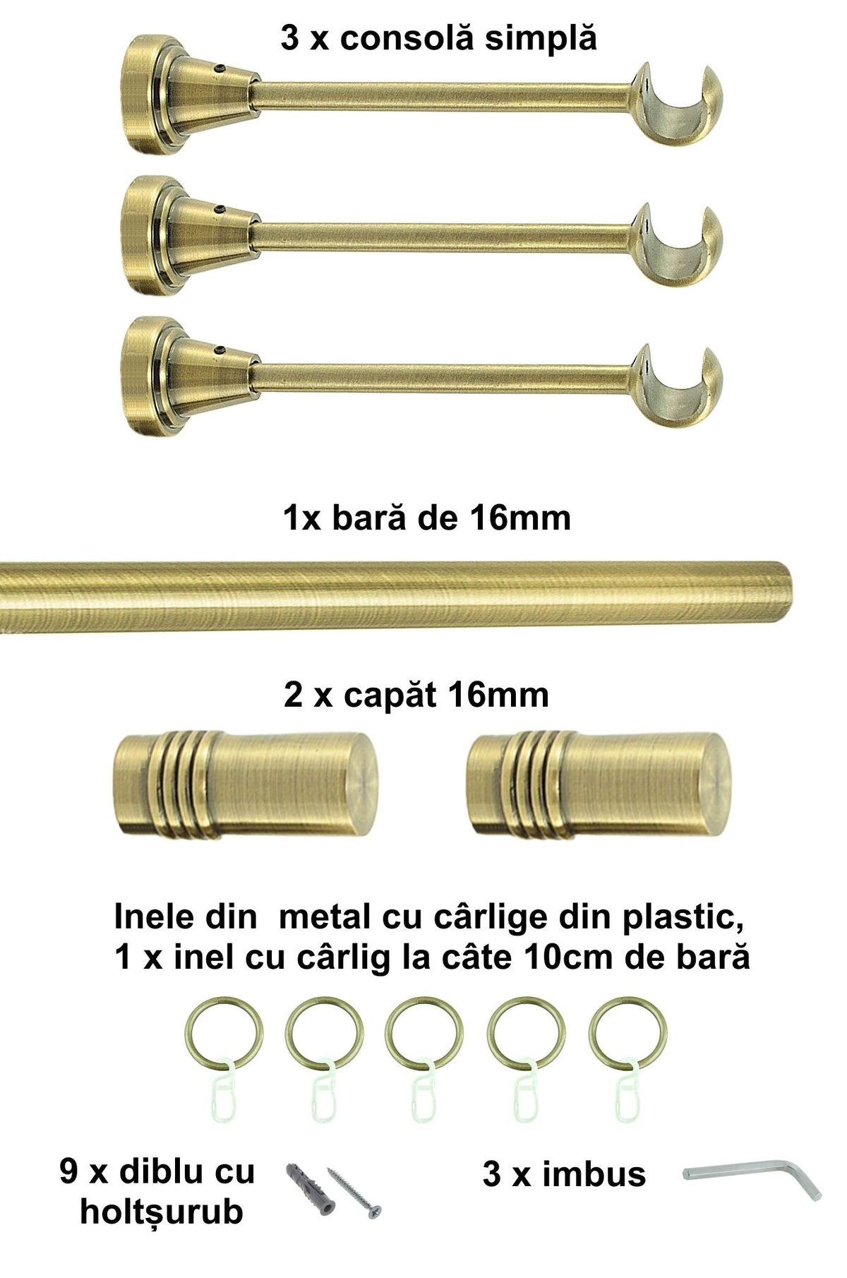 Galerie Metalică Celtex, simplă, clasică, cu inele, 16mm, antique brass (auriu antic)