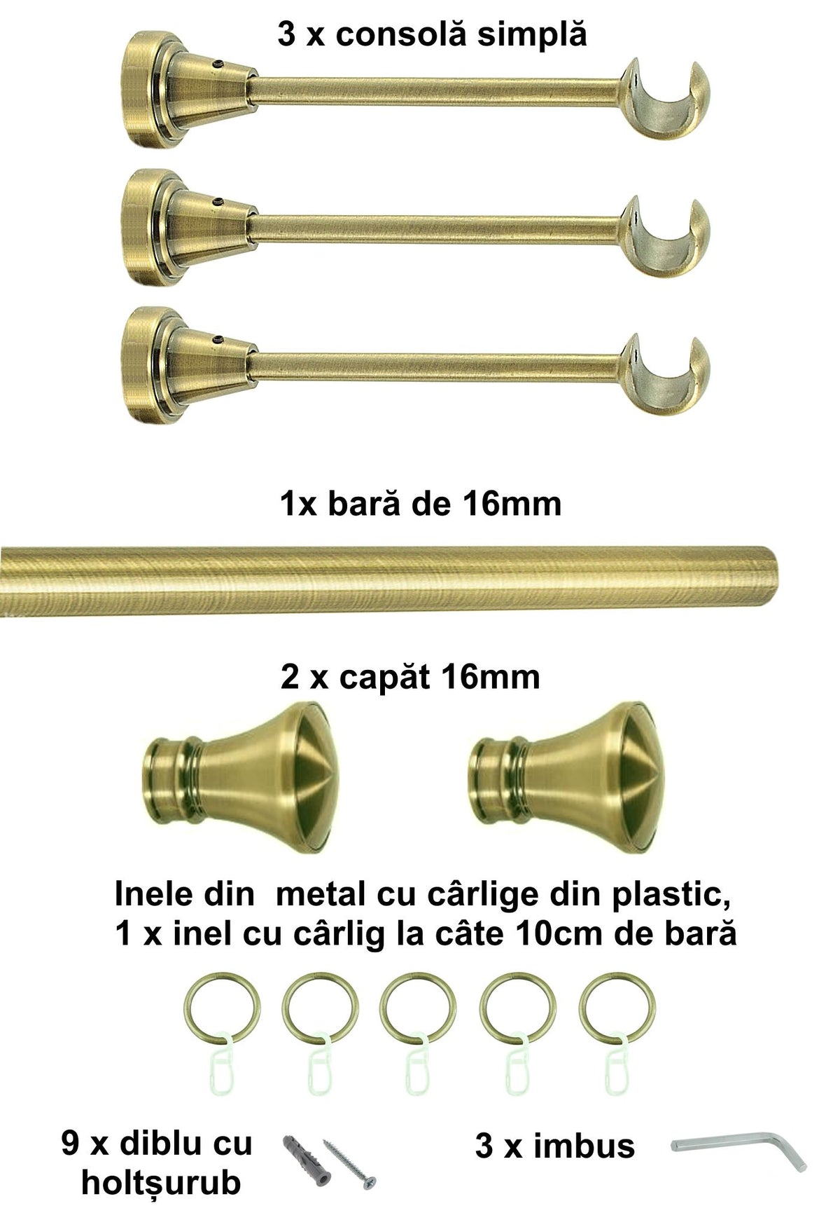 Galerie Metalică Conic, simplă, clasică, cu inele, 16mm, antique brass (auriu antic)