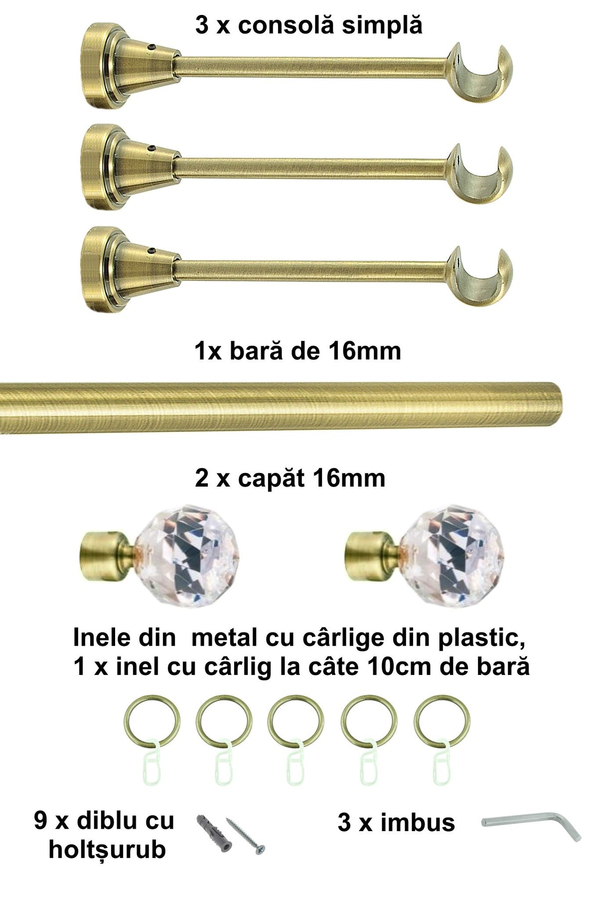 Galerie Metalică Cristal, simplă, clasică, cu inele, 16mm, antique brass (auriu antic)