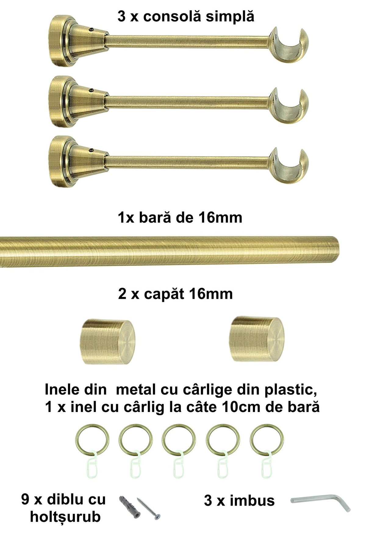Galerie Metalică Luna, simplă, clasică, cu inele, 16mm, antique brass (auriu antic)