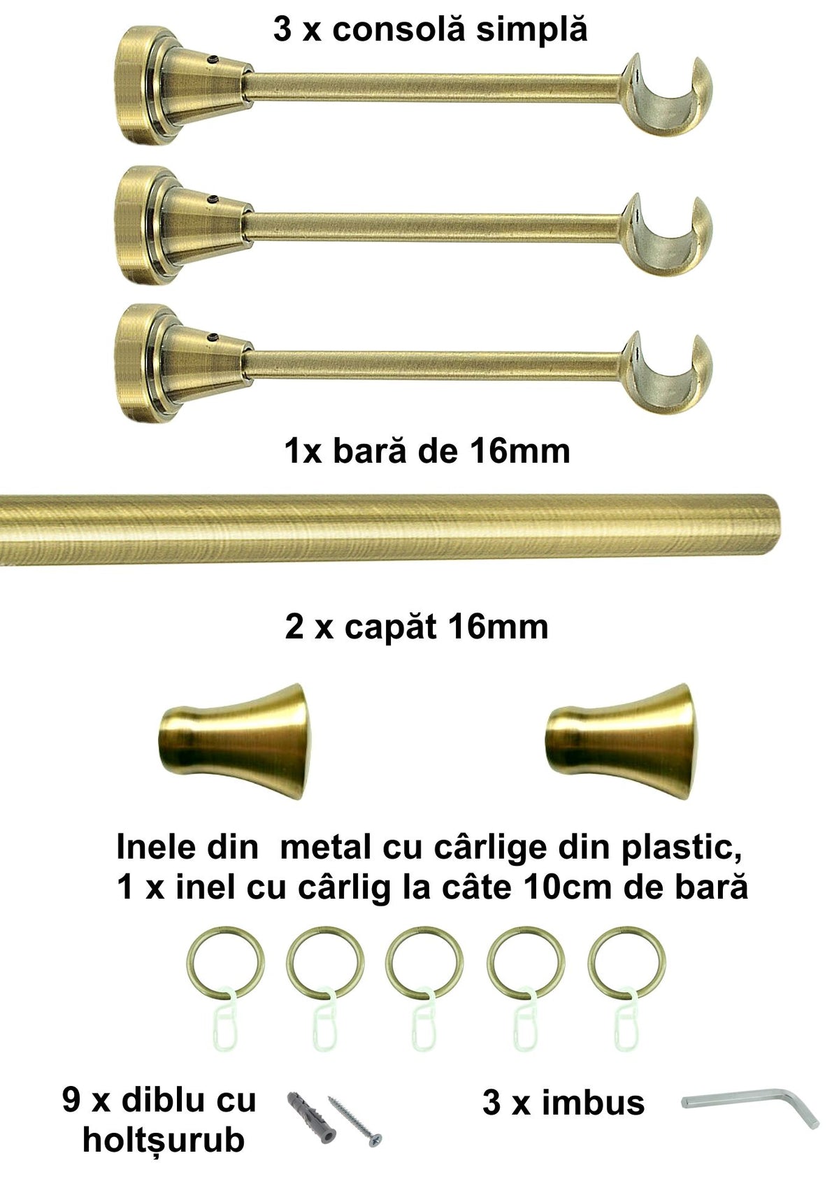 Galerie Metalică Monaco, simplă, clasică, cu inele, 16mm, antique brass (auriu antic)