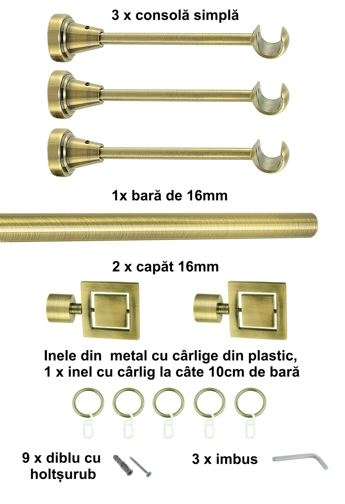 Galerie Metalică Saturn, simplă, clasică, cu inele, 16mm, antique brass (auriu antic)