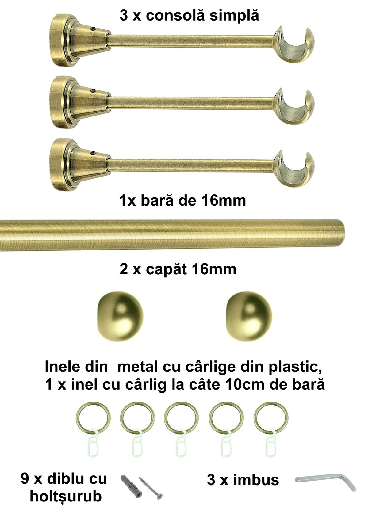 Galerie Metalică Terra, simplă, clasică, cu inele, 16mm, antique brass (auriu antic)