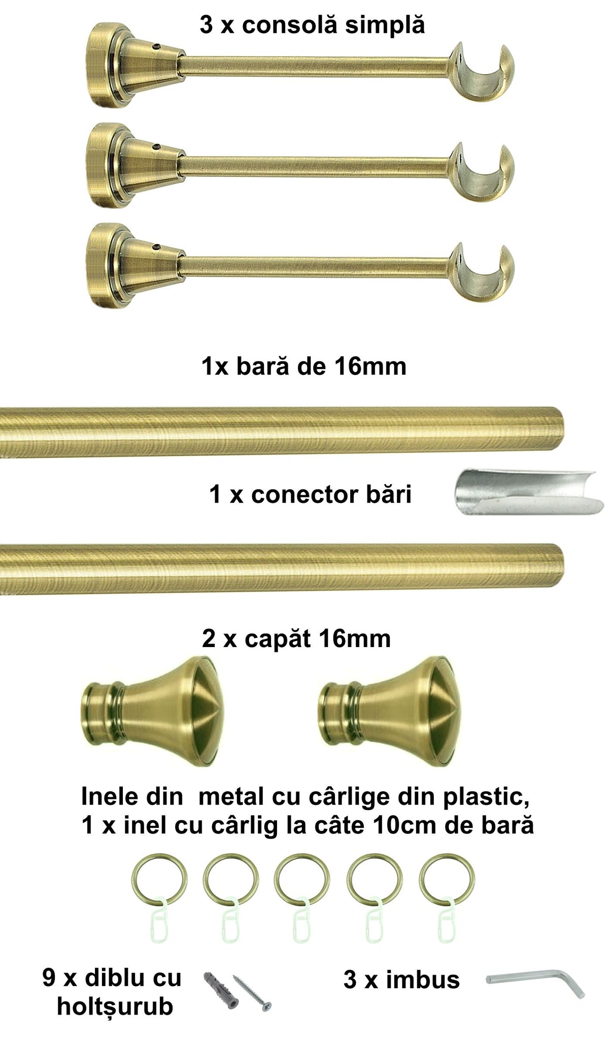 Galerie Metalică Conic, simplă, clasică, cu inele, 16mm, antique brass (auriu antic)