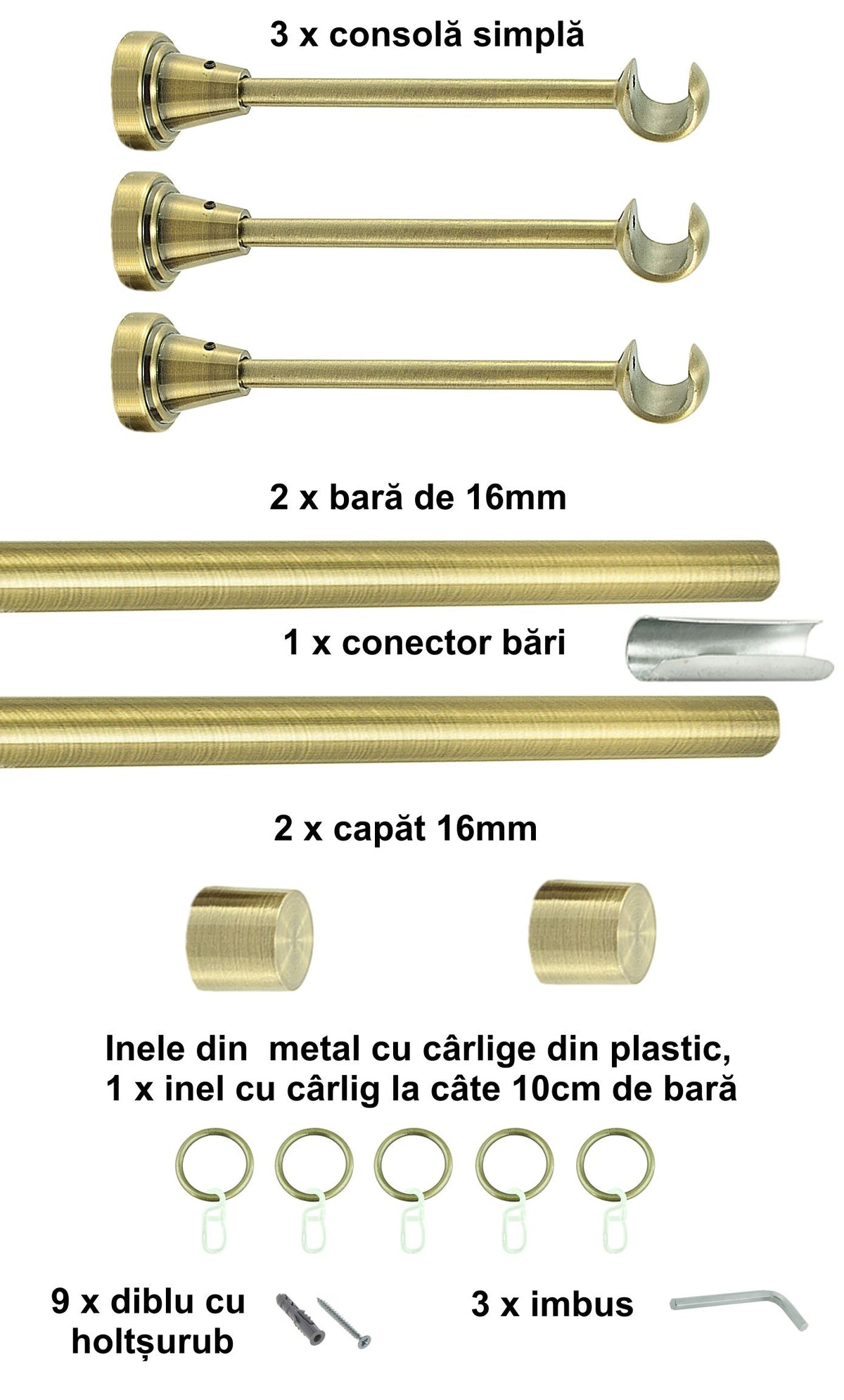 Galerie Metalică Luna, simplă, clasică, cu inele, 16mm, antique brass (auriu antic)