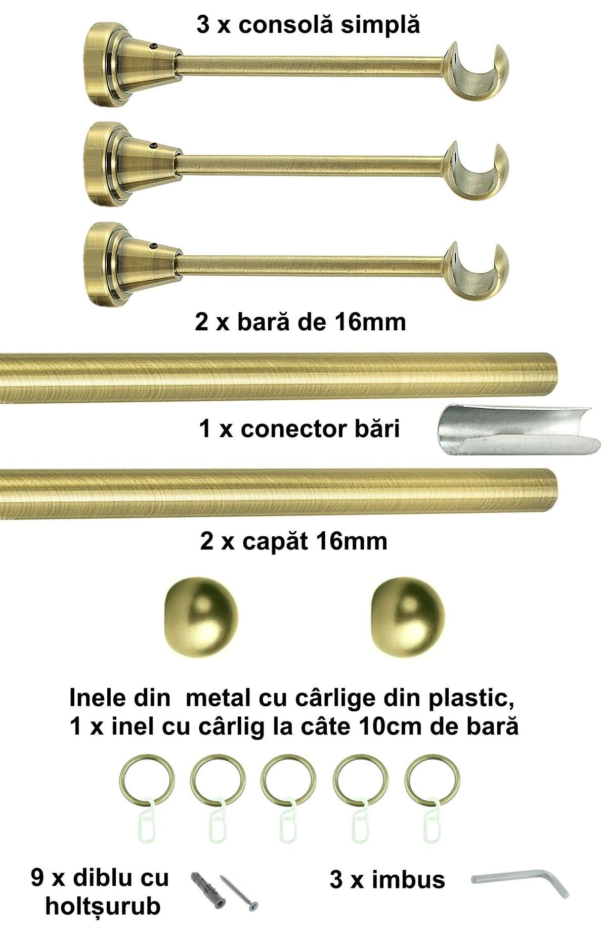 Galerie Metalică Terra, simplă, clasică, cu inele, 16mm, antique brass (auriu antic)