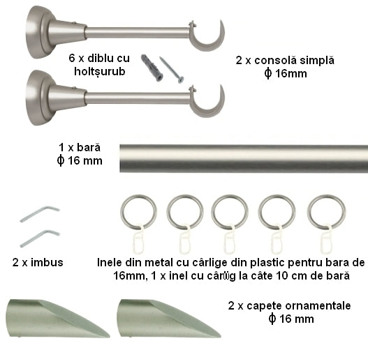 Galerie Metalică Alexia, simplă, clasică, cu inele, 16mm, satin nichel (argintiu mat)