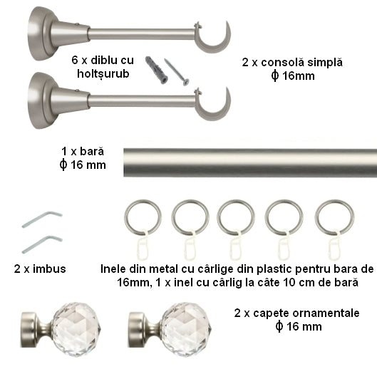 Galerie Metalică Cristal, simplă, clasică, cu inele, 16mm, satin nichel (argintiu mat)