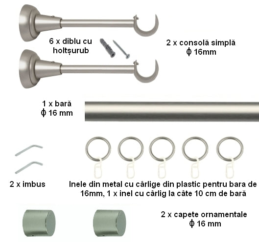 Galerie Metalică Luna, simplă, clasică, cu inele, 16mm, satin nichel (argintiu mat)