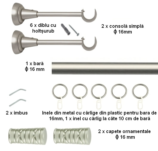 Galerie Metalică Striat, simplă, clasică, cu inele, 16mm, satin nichel (argintiu mat)