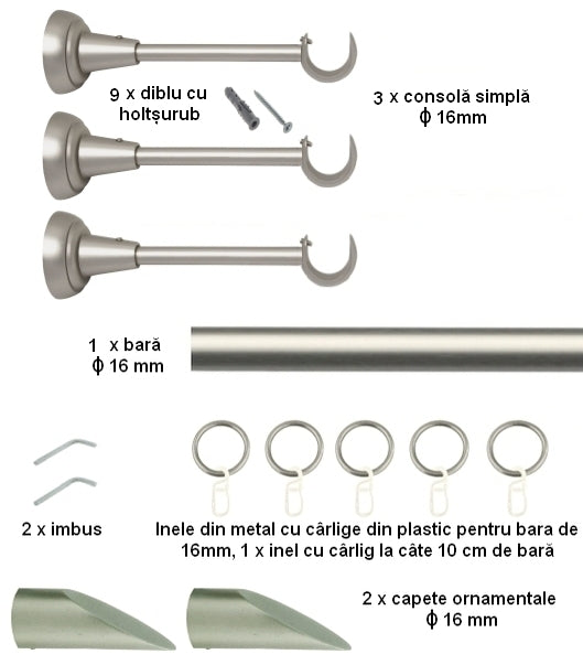 Galerie Metalică Alexia, simplă, clasică, cu inele, 16mm, satin nichel (argintiu mat)