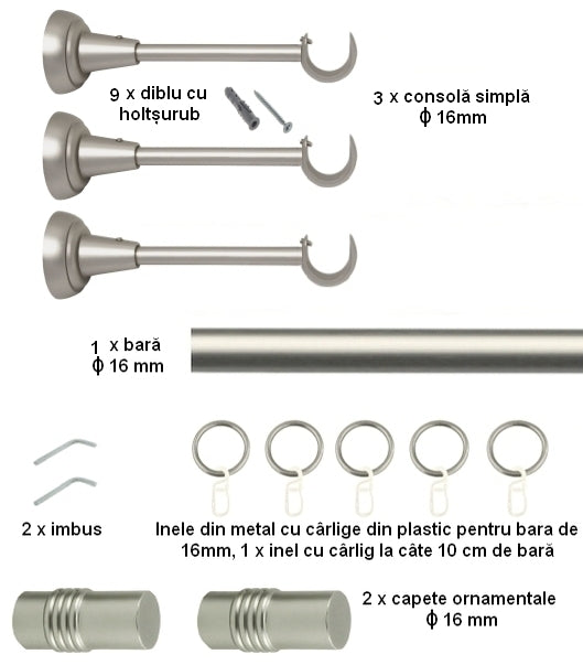 Galerie Metalică Celtex, simplă, clasică, cu inele, 16mm, satin nichel (argintiu mat)