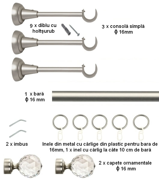 Galerie Metalică Cristal, simplă, clasică, cu inele, 16mm, satin nichel (argintiu mat)
