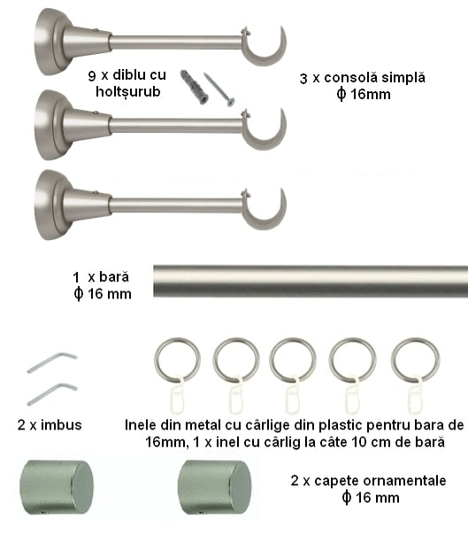 Galerie Metalică Luna, simplă, clasică, cu inele, 16mm, satin nichel (argintiu mat)