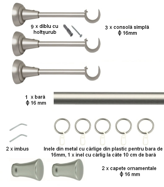 Galerie Metalică Monaco, simplă, clasică, cu inele, 16mm, satin nichel (argintiu mat)