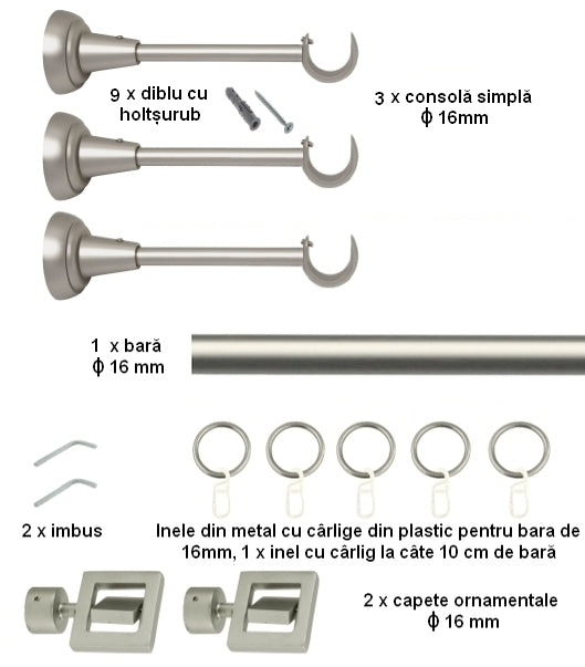Galerie Metalică Saturn, simplă, clasică, cu inele, 16mm, satin nichel (argintiu mat)