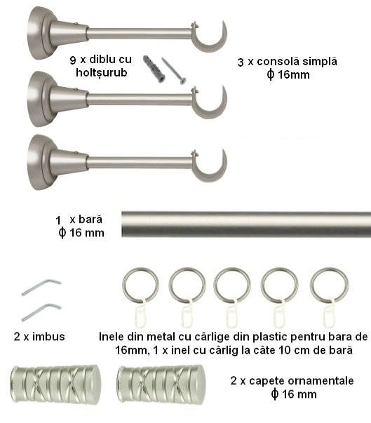 Galerie Metalică Striat, simplă, clasică, cu inele, 16mm, satin nichel (argintiu mat)