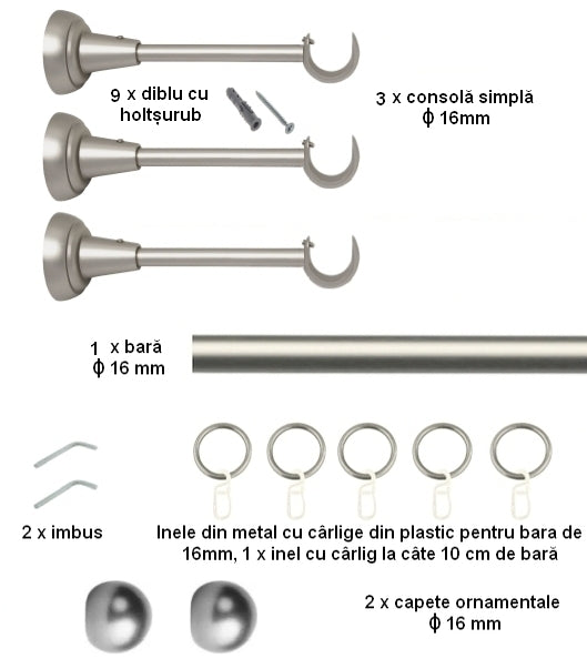Galerie Metalică Terra, simplă, clasică, cu inele, 16mm, satin nichel (argintiu mat)