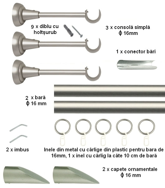 Galerie Metalică Alexia, simplă, clasică, cu inele, 16mm, satin nichel (argintiu mat)