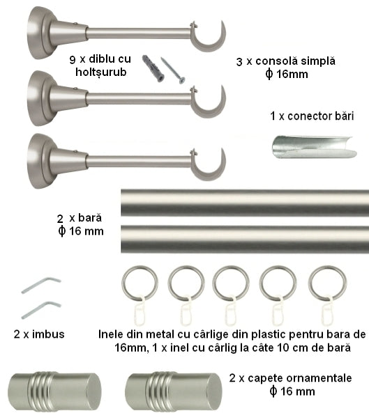 Galerie Metalică Celtex, simplă, clasică, cu inele, 16mm, satin nichel (argintiu mat)