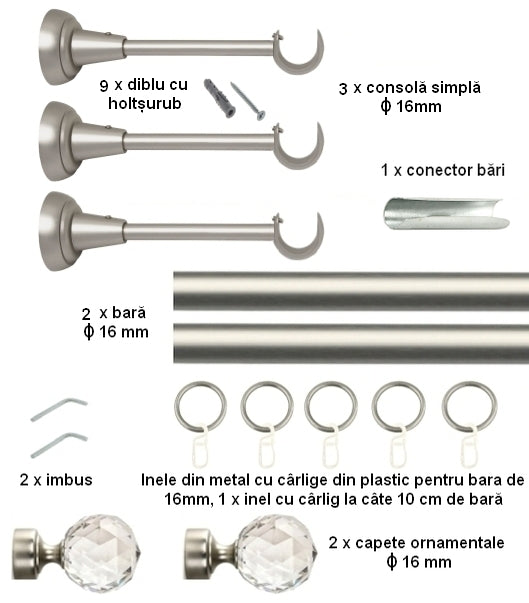 Galerie Metalică Cristal, simplă, clasică, cu inele, 16mm, satin nichel (argintiu mat)
