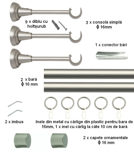 Galerie Metalică Luna, simplă, clasică, cu inele, 16mm, satin nichel (argintiu mat)