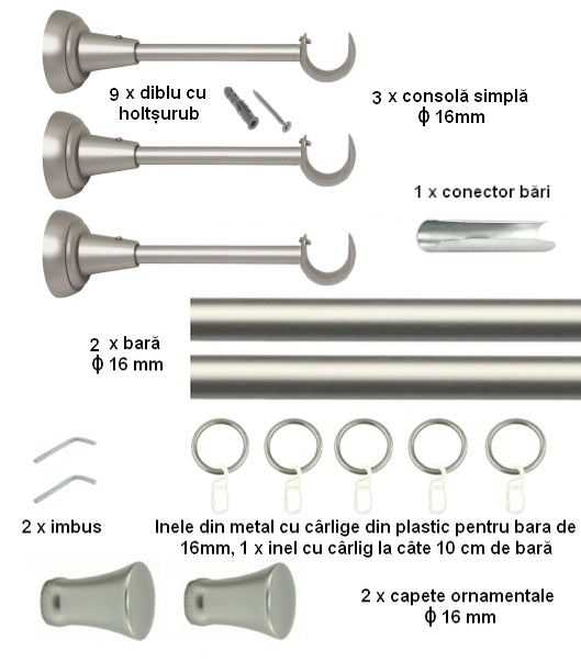 Galerie Metalică Monaco, simplă, clasică, cu inele, 16mm, satin nichel (argintiu mat)