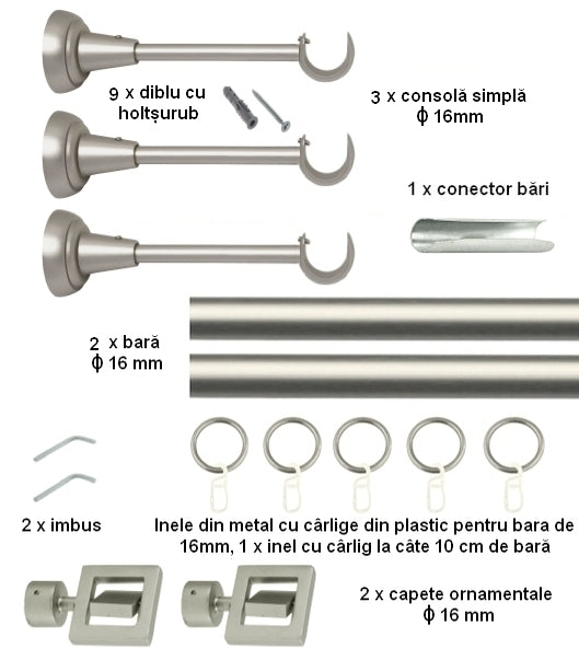 Galerie Metalică Saturn, simplă, clasică, cu inele, 16mm, satin nichel (argintiu mat)