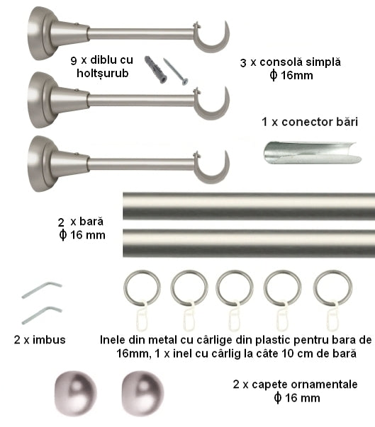 Galerie Metalică Terra, simplă, clasică, cu inele, 16mm, satin nichel (argintiu mat)
