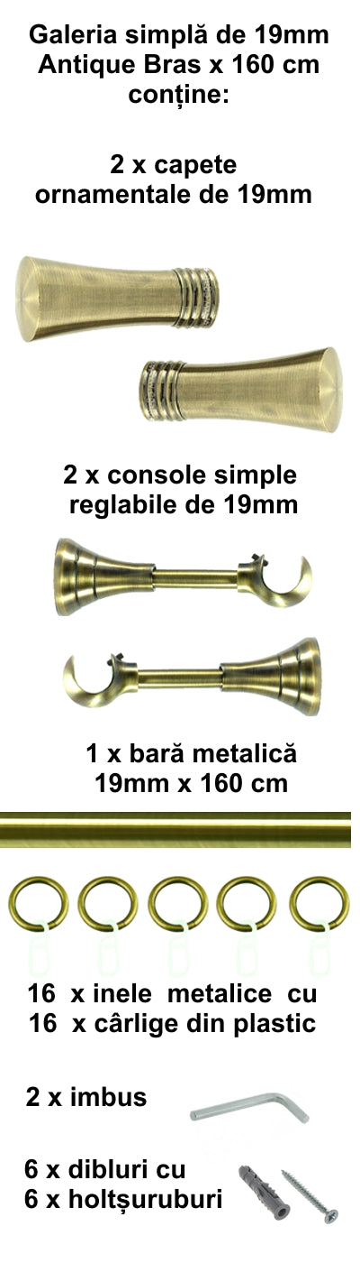 Galerie Metalică Ahile, simplă, clasică, cu inele, 19mm, antique brass (auriu antic)
