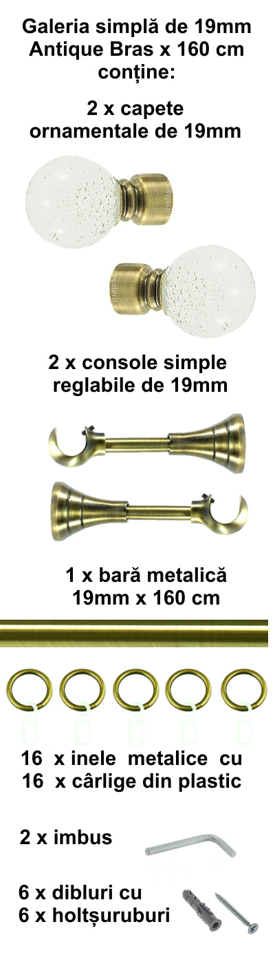 Galerie Metalică Buble, simplă, clasică, cu inele, 19mm, antique brass (auriu antic)