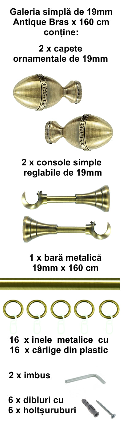 Galerie Metalică Cezar, simplă, clasică, cu inele, 19mm, antique brass (auriu antic)