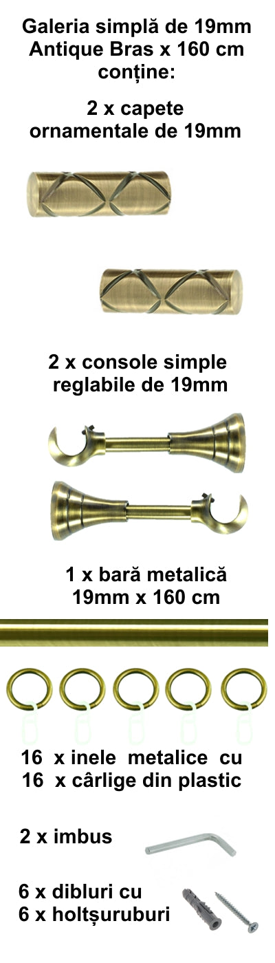 Galerie Metalică Ciel, simplă, clasică, cu inele, 19mm, antique brass (auriu antic)